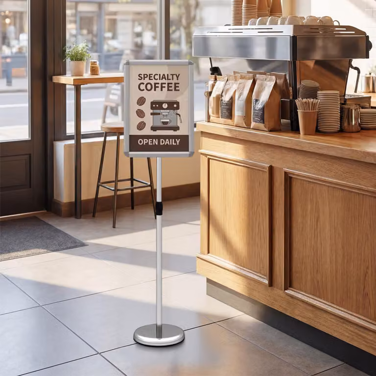 Set di 2 Espositori da Terra Costway in Metallo Argento per Menù e Poster A4 con Base Riempibile e Altezza Regolabile da 87 a 137 cm