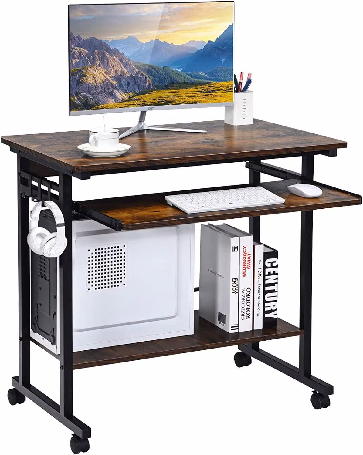 Scrivania con rotelle, supporto per tastiera, scrivania salvaspazio per computer, scrivania per PC con supporto per CPU e ganci, scrivania industriale per laptop, ideale per l'ufficio domestico, colore marrone rustico