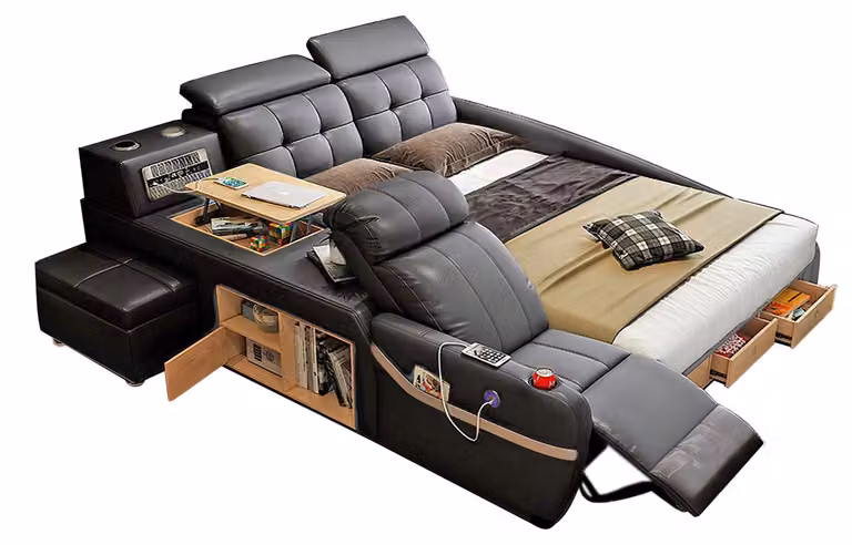 Letto multifunzionale, stile moderno, color beige, struttura in legno, comodo
