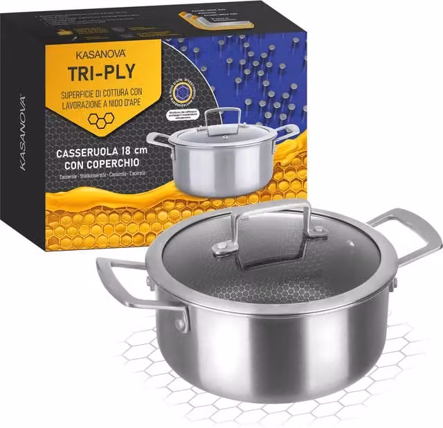 Casseruola Kasanova in acciaio inox e alluminio con coperchio in vetro, diametro 18 cm, colore argento