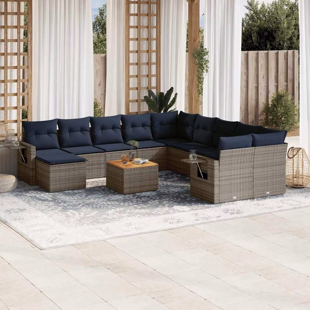 Set di divani da giardino vidaXL in polyrattan grigio e blu con cuscini, tavolino e pouf, design moderno a forma di L con struttura in acciaio e legno di acacia