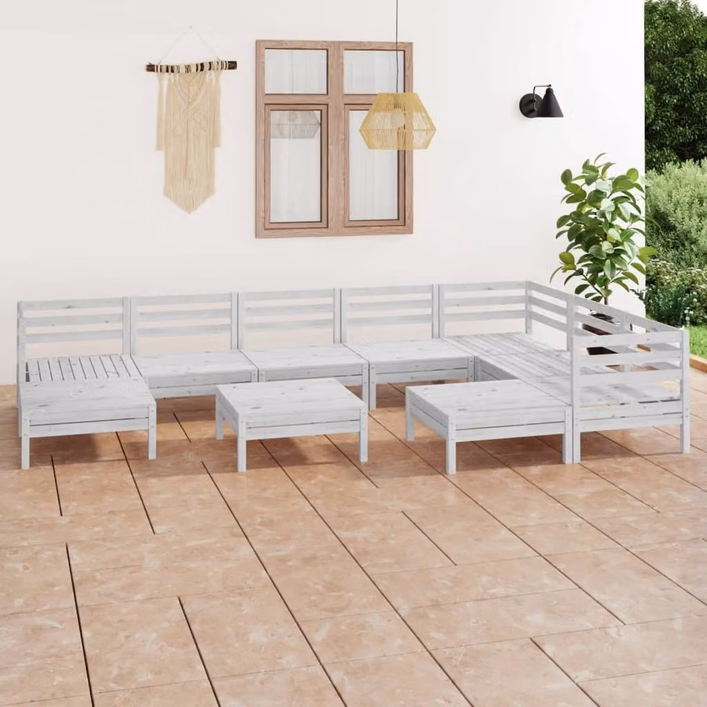 The Living Store Set salotto da giardino 10 pezzi in pino massiccio bianco