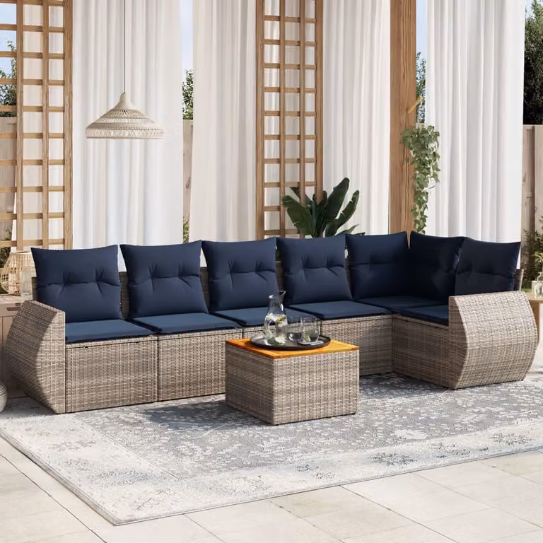 Set da giardino vidaXL in polyrattan composto da 7 pezzi con cuscini grigi e blu e tavolino da esterno