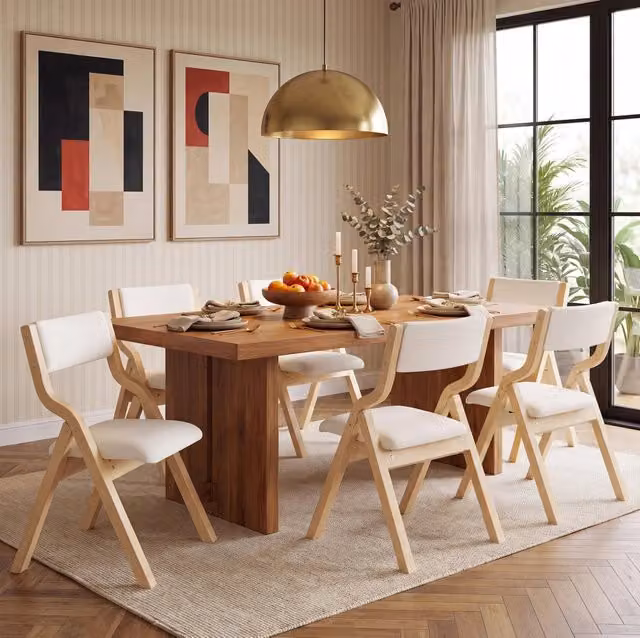 Set di 6 Sedie Pieghevoli per Sala da Pranzo in Legno Massello con Rivestimento in Lino Beige