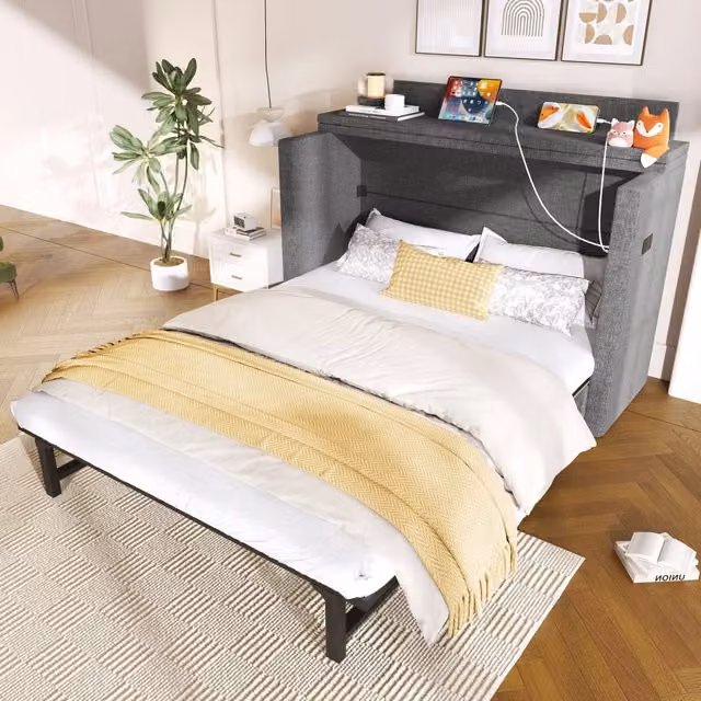 Letto a scomparsa matrimoniale 140 × 200 cm, cassetto, USB e Type-C, senza materasso, tessuto di lino grigio