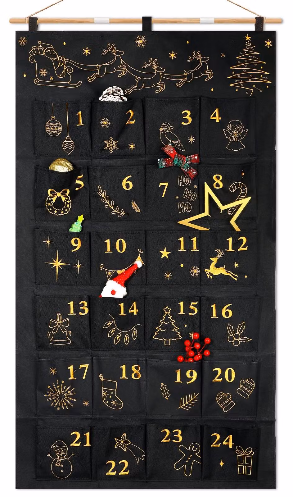 Calendario dell'Avvento da riempire personalmente, nero e oro, composto da 50 elementi, riutilizzabile
