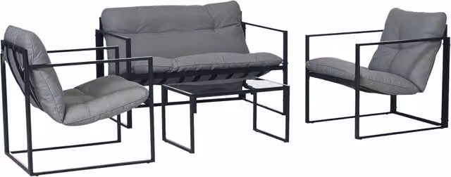 Set da Giardino 4 Pezzi con Divanetto, 2 Poltrone e Tavolino, in Acciaio, Poliestere e Cotone PP, Nero e Grigio