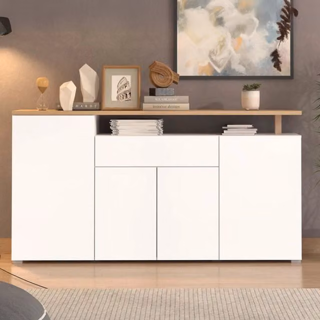 Madia Levate DMORA con un cassetto, design moderno, colore bianco e rovere, L: 179.5 cm, P: 40 cm, H: 94 cm