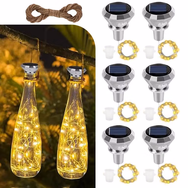 Luci solari a forma di bottiglia, confezione da 6, con 20 LED, luce bianco caldo, design a forma di diamante