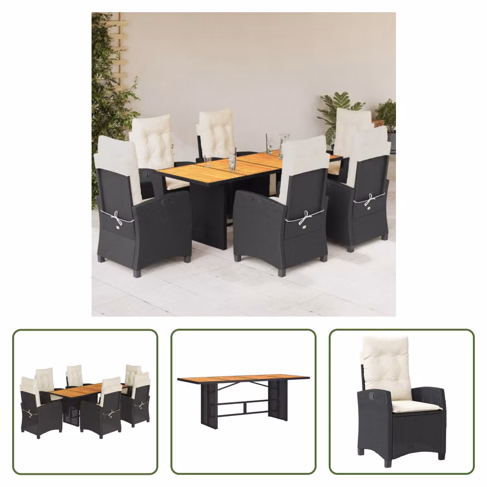 The Living Store Set da pranzo da giardino 7 pezzi con cuscini in polirattan nero