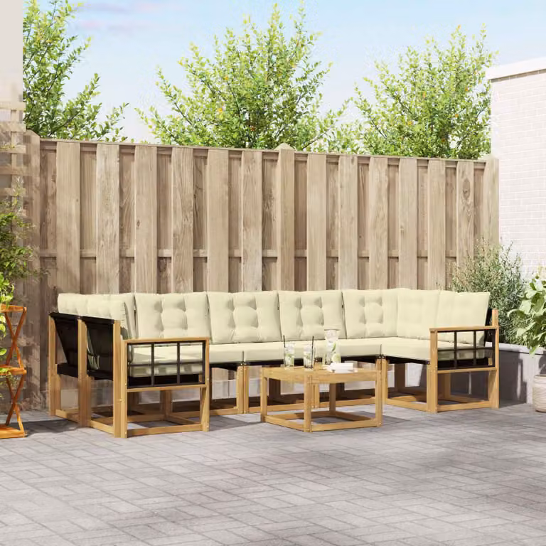 vidaXL Set di divani da esterno 8 pz in legno di acacia con cuscini, Bianco, Beige e Marrone