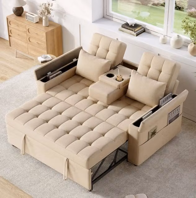 Divano letto 2 posti multifunzione con schienale reclinabile e contenitore; 159x142;5x92 cm; beige