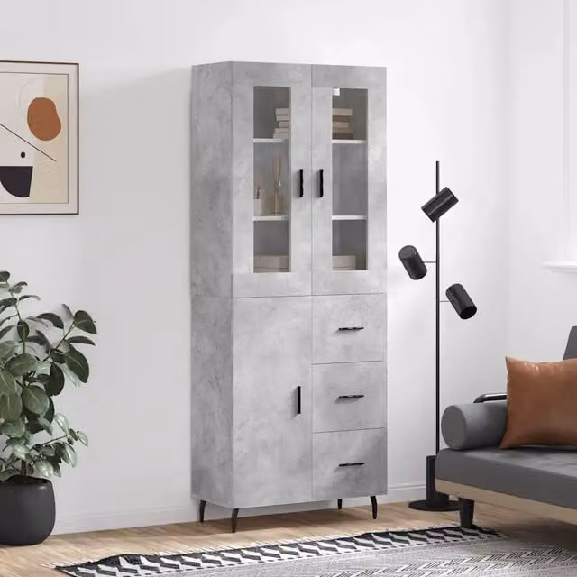 Credenza moderna vidaXL in legno, vetro e metallo, colore grigio, L: 69,5 cm, P: 34 cm, H: 180 cm