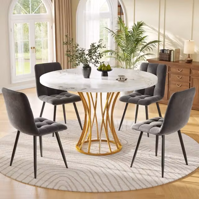 Set tavolo da pranzo rotondo 80 cm effetto marmo bianco, 4 sedie in velluto grigio