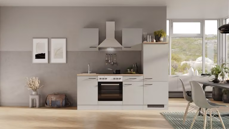 Mobile cucina con elettrodomestici Flex Well Lund 220 cm colore frontale grigio chiaro lucido colore mobile grigio fumo opaco
