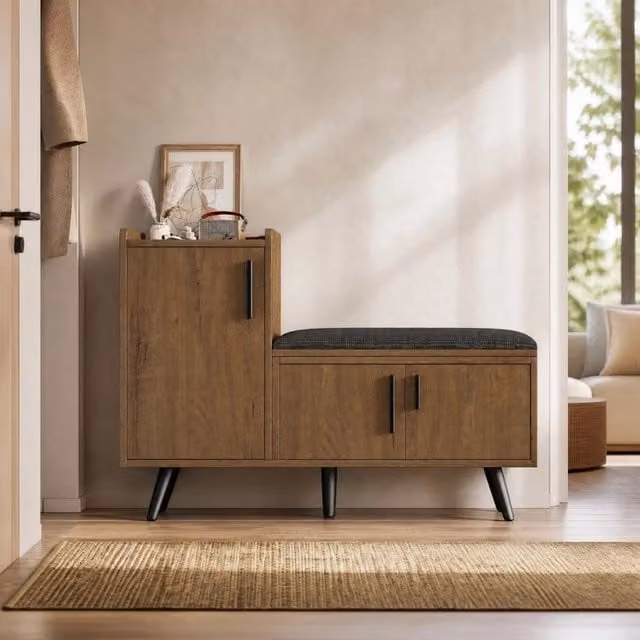 Scarpiera con seduta imbottita e ripiani regolabili, in truciolare e metallo, per ingresso, naturale, 100 × 34 × 68,5 cm
