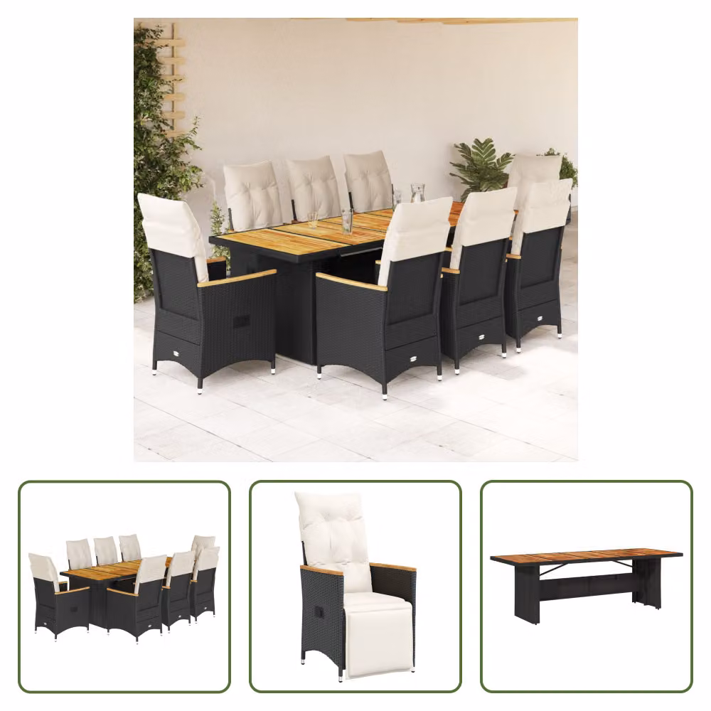 The Living Store Set bistrot da giardino da 9 pezzi con cuscini in poly rattan nero