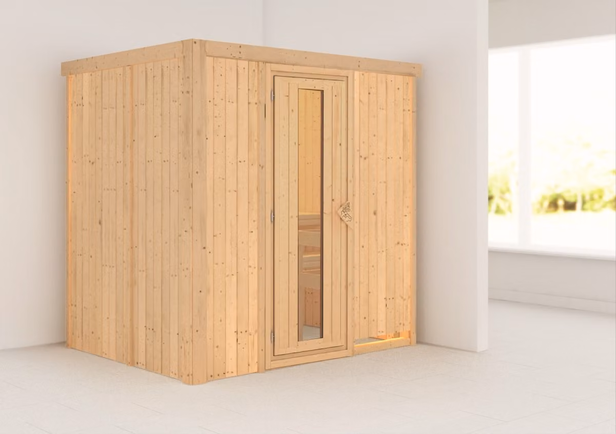 Sauna Karibu Bodin (ingresso frontale), porta in legno con vetro isolante, coibentata, trasparente, senza accessori