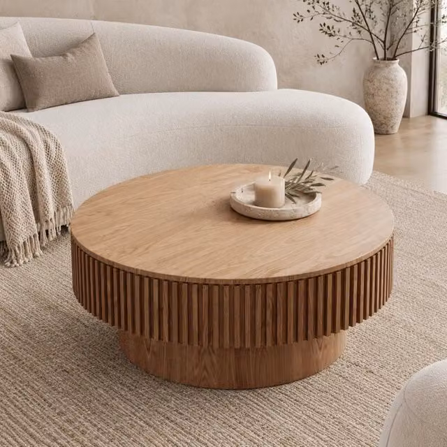 Tavolino da caffè rotondo 75 cm con spazio contenitivo, impiallacciatura in legno massello, design moderno per soggiorno e ufficio, colore legno naturale