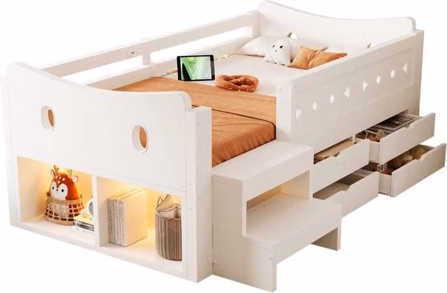 Letto singolo per bambini 90x200 cm con cassetti; LED; USB-C e sponde; bianco