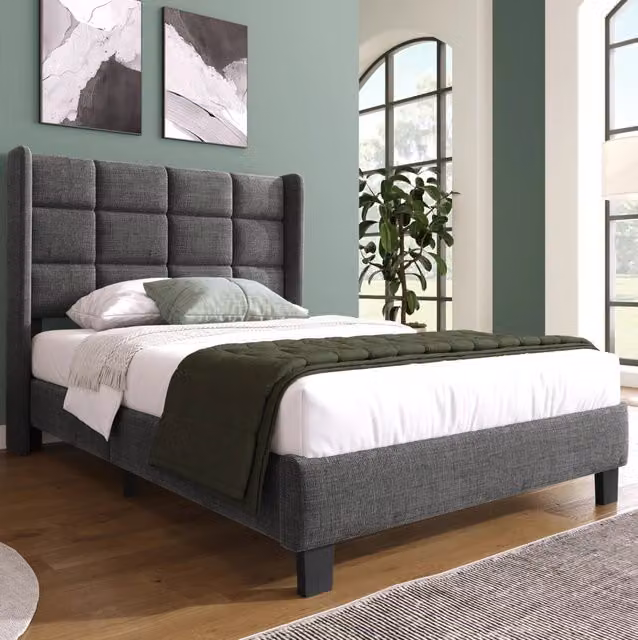 Letto singolo imbottito ULEVR 90x200 cm con testiera alta e rete a doghe, rivestimento in lino grigio