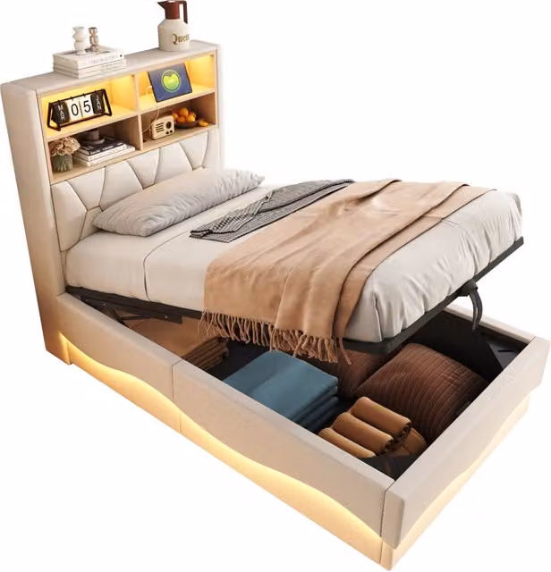 Letto per bambini 90x200 cm imbottito beige con contenitore idraulico; LED e rete in metallo
