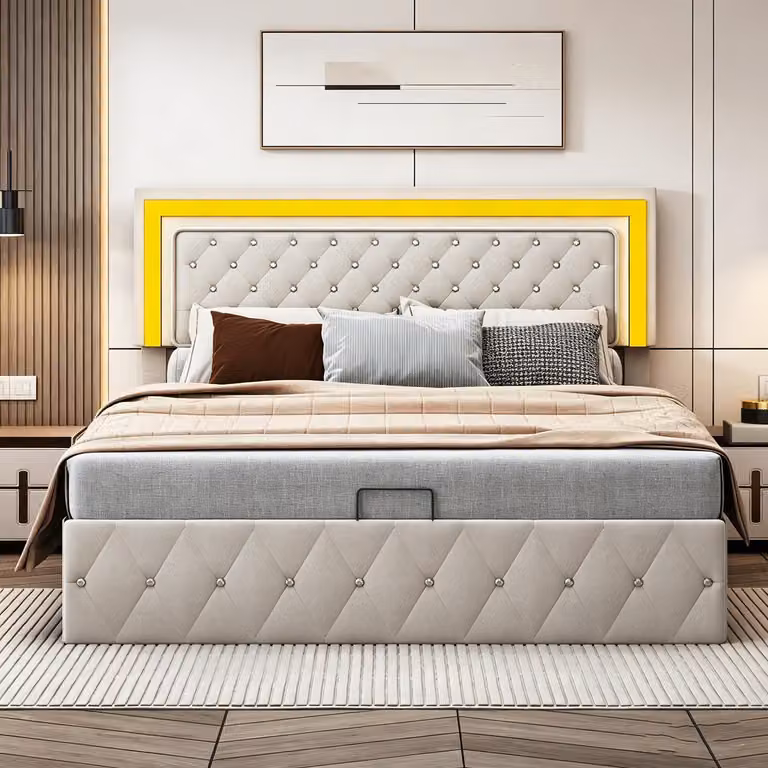 Letto contenitore con boxspring, 140x200 cm, con illuminazione LED, imbottito, ideale per ragazzi, con spazio contenitore, meccanismo a sollevamento idraulico, rivestito in velluto, colore beige.