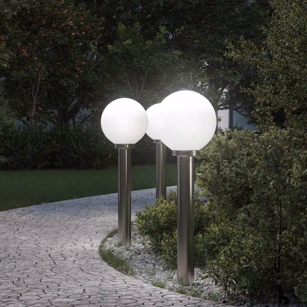 Set di 3 lampioni a palo vidaXL in acciaio inox color argento, altezza: 80 cm, protezione IP44 per giardino e terrazza