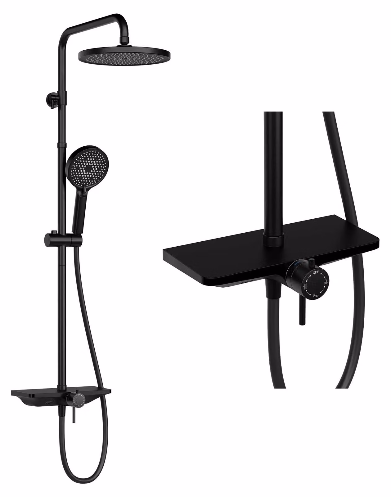 Sistema doccia - con miscelatore - doccia a pioggia rotonda da 25 cm - soffione manuale con 3+1 funzioni - getto per bidet - barra doccia regolabile in altezza - ripiano - colore nero