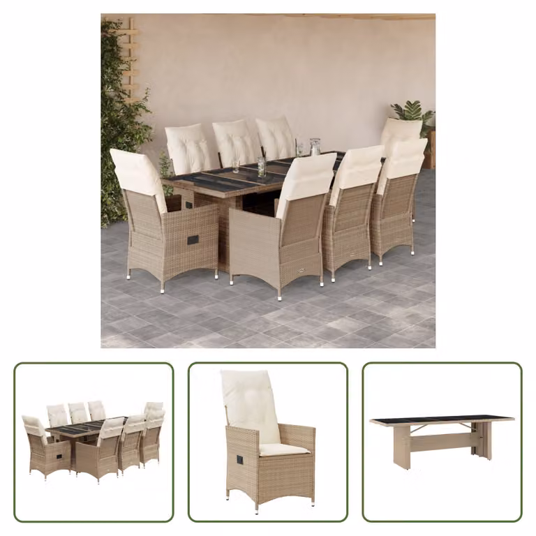 The Living Store Set bistrot da giardino 9 pezzi con cuscini Beige in poly rattan