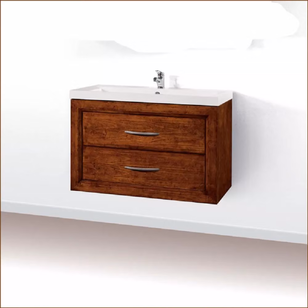 Mobile bagno sospeso MOBILI 2G in legno con lavabo e 2 cassetti, moderno, colore noce e bianco, Larghezza: 90 cm – 2