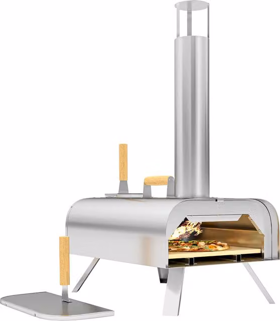 Outsunny Forno per Pizza a Pellet in Acciaio Inox Argento con Pietra Refrattaria e Pala, L: 79 cm, P: 36 cm, H: 75 cm