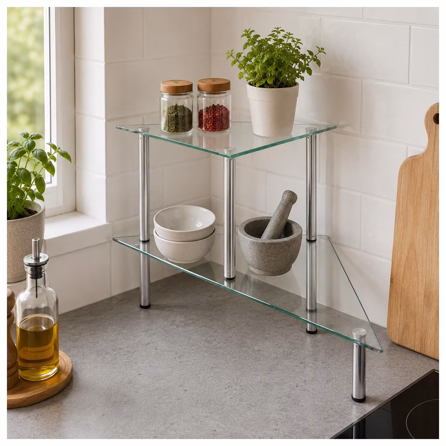 Scaffale angolare moderno in vetro con struttura in metallo, dimensioni 49 x 35 x 33 cm