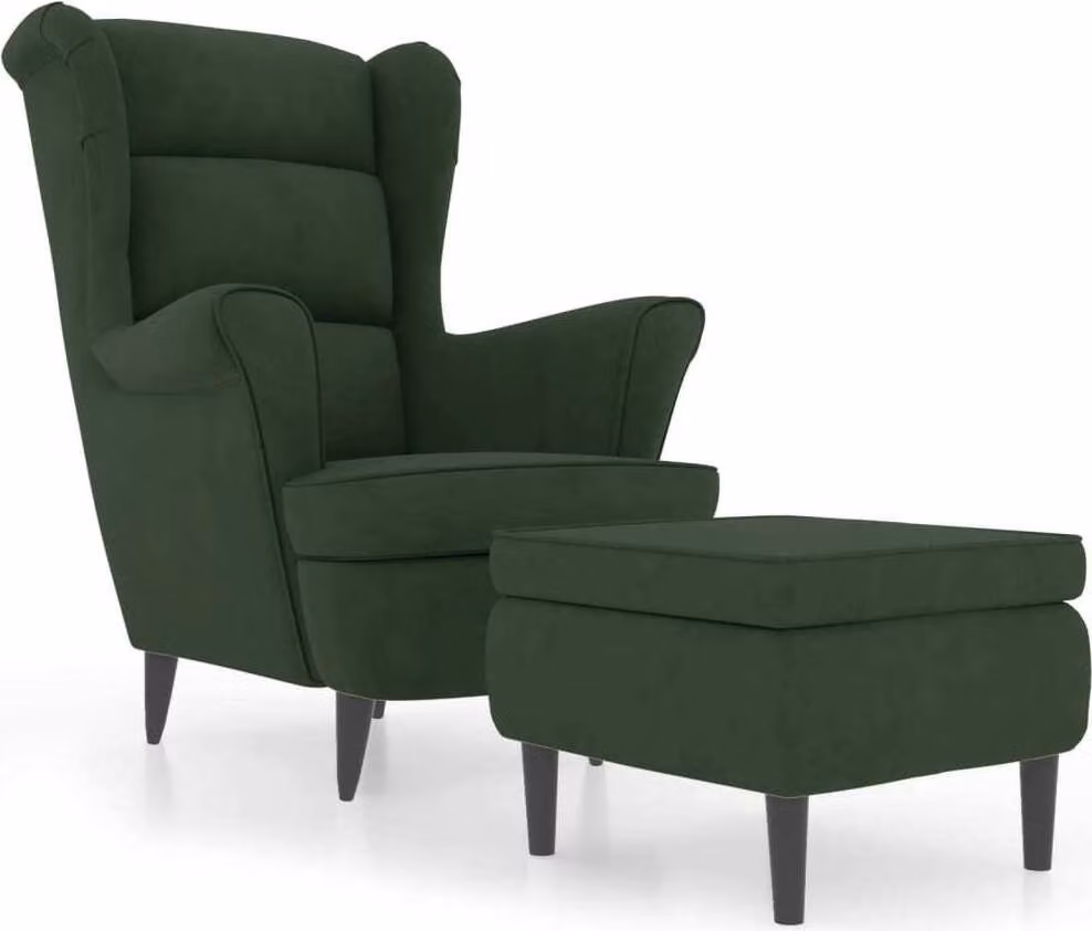 Poltrona Schienale ad Ala con Poggiapiedi Verde Scuro Velluto