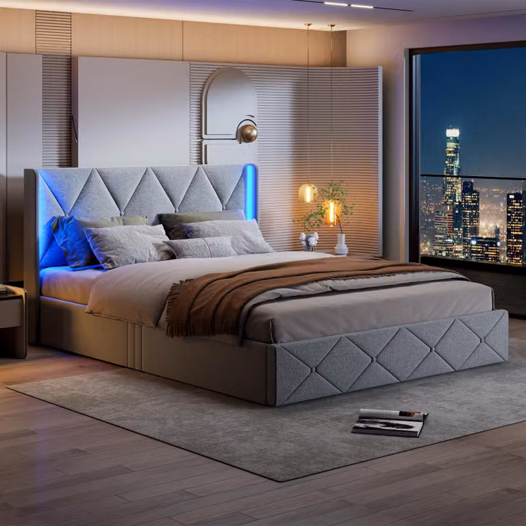 Letto matrimoniale con boxspring 140x200, con testiera LED, letto imbottito con contenitore, letto per ragazzi con sistema idraulico e rete a doghe, in flanella, colore grigio