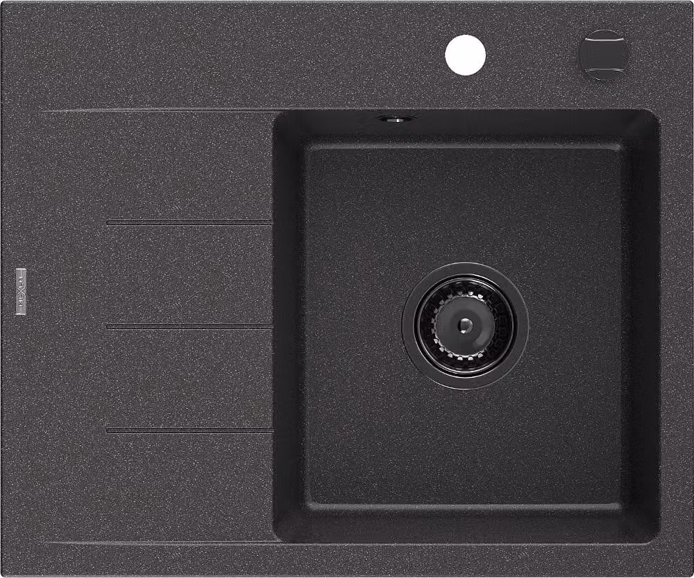 Mexen Ben lavello in granito a 1 vasca con scolapiatti, destro 600 x 500 mm, nero maculato, sifone nero - 6523605000-76-B