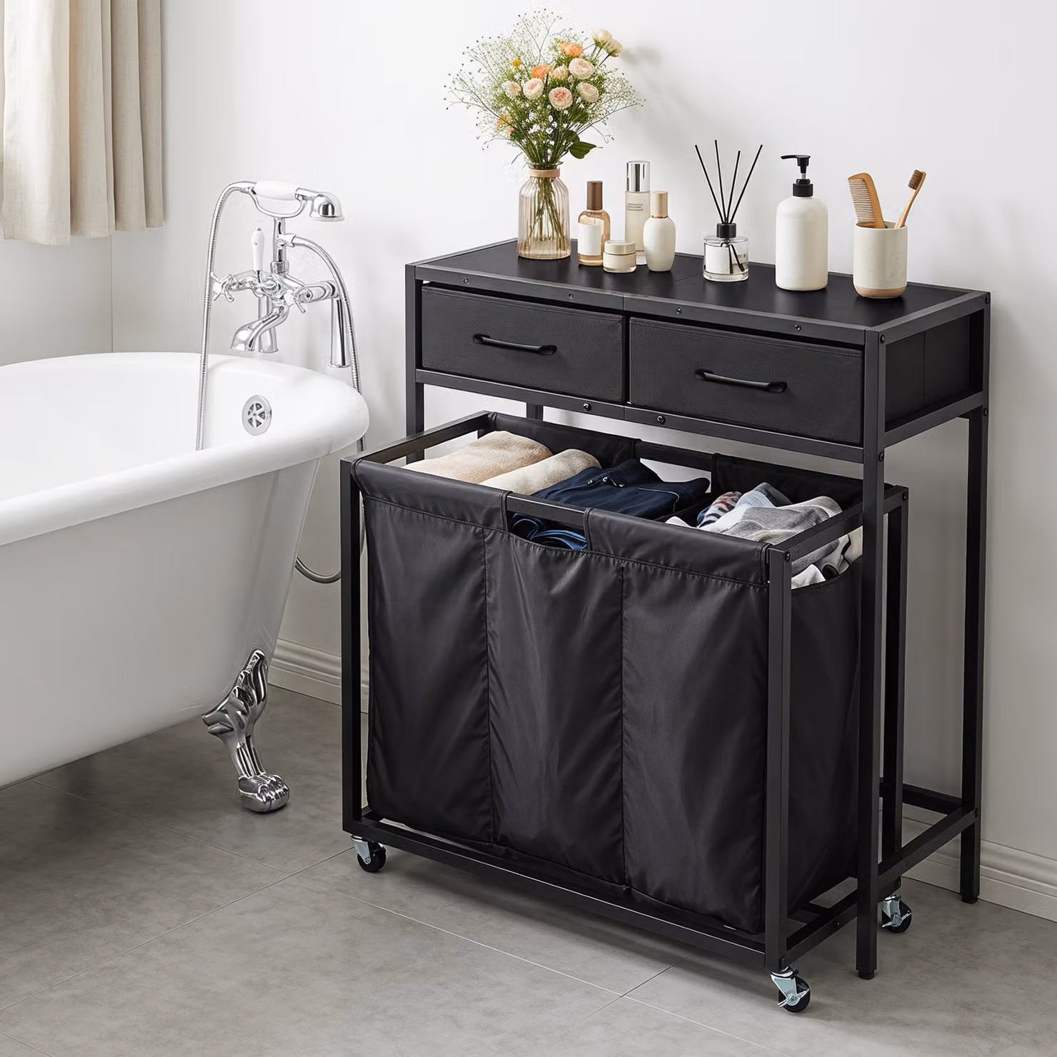 Costway Set 67,5 l cesto portabiancheria con ruote e tavolino con cassetti, Porta biancheria sporca a 3 scomparti per bagno e lavaderia Nero