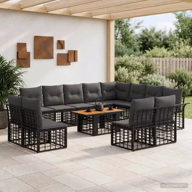 Set Divano da Giardino a L con Tavolino vidaXL, 13 Pezzi in Polyrattan Nero e Grigio con Cuscini Inclusi e Coperture Rimovibili