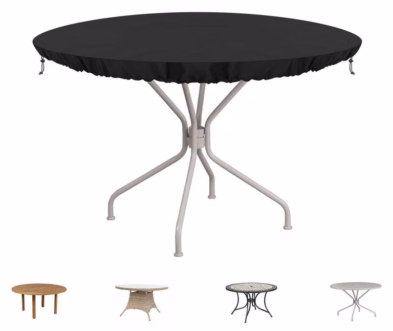Copertura protettiva per tavolo da giardino rotondo, diametro 122 cm, altezza 10 cm, realizzata in tessuto Oxford 420D, impermeabile e resistente ai raggi UV