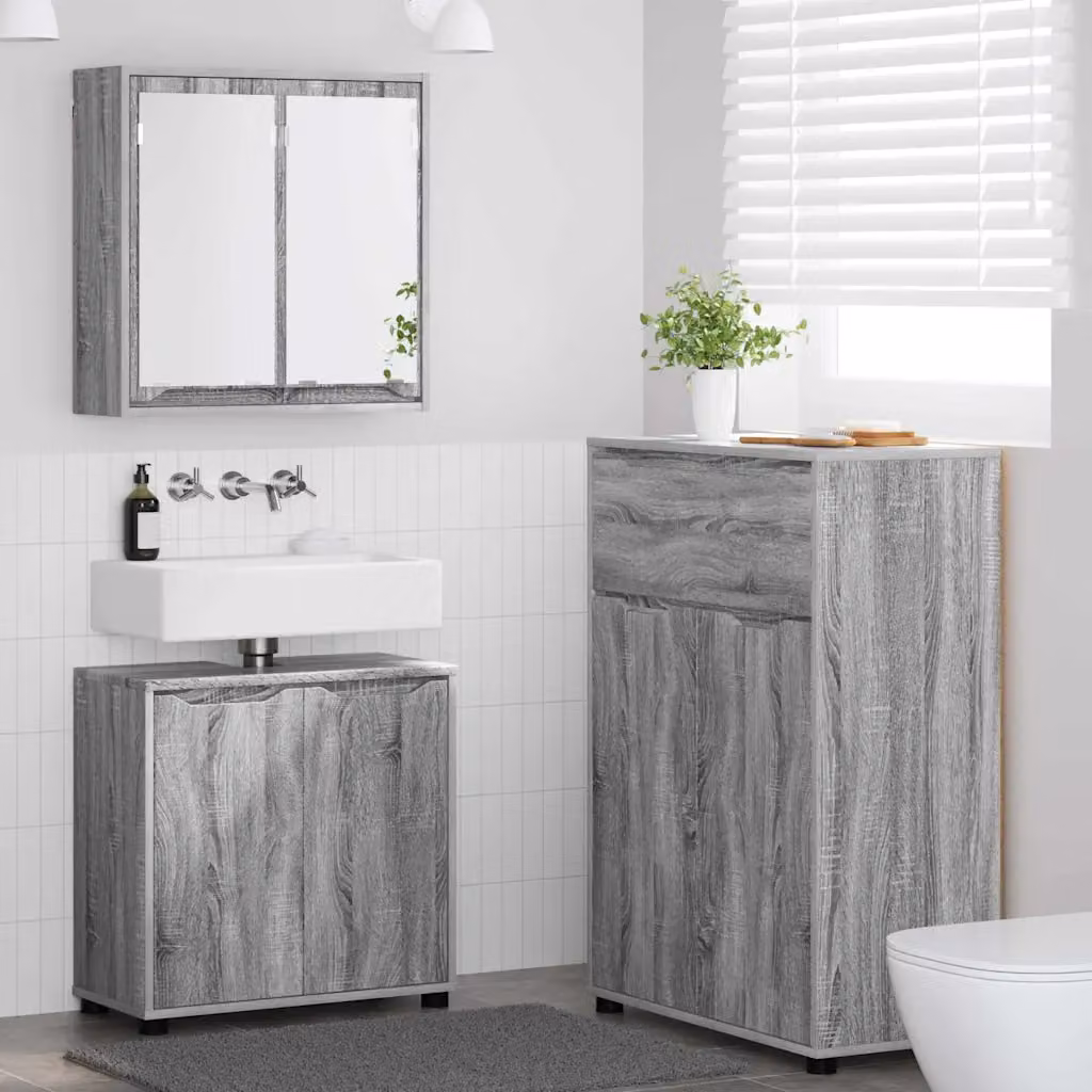 Set di mobili per il bagno vidaXL 3 pezzi Grigio con armadietto specchio e colonna, design minimalista e finitura opaca