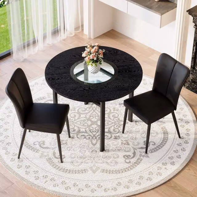 Set tavolo e sedie da pranzo con tavolo rotondo e 2 sedie, ripiano in vetro, MDF, metallo e PU nero