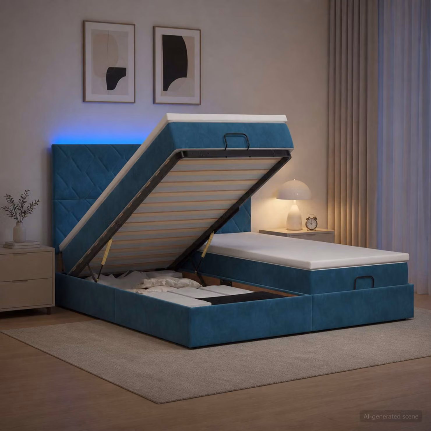 Letto Ottomano vidaXL con Materasso Ibrido e Illuminazione LED Blu, con Porte USB e Contenitore, L/P/H: 180 x 200 x 88 cm