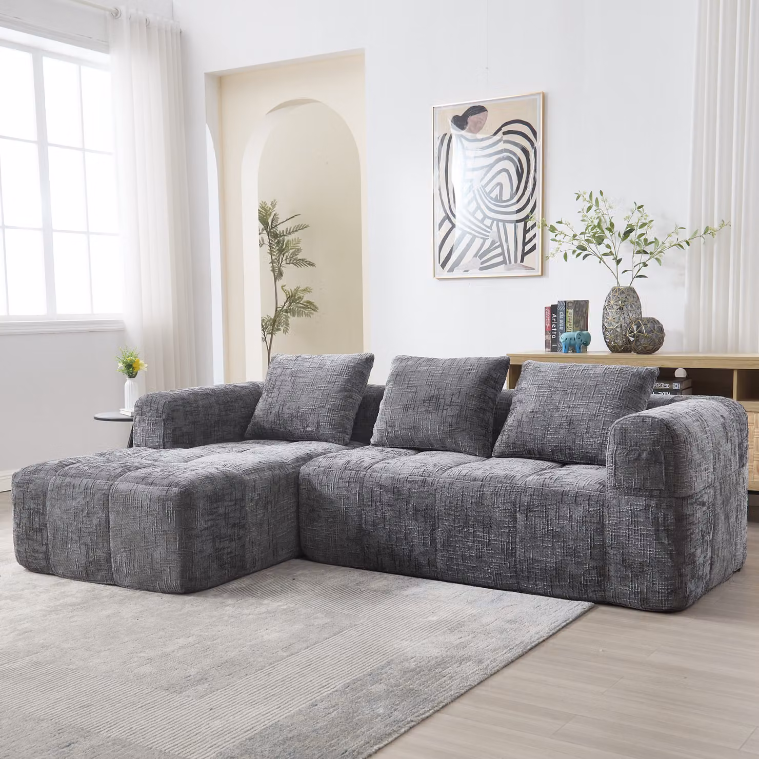 LVHOM Divano angolare con funzione letto a L, divano letto con tasche laterali, 3 posti, divano da soggiorno, divano, divano letto, set di divani angolari imbottiti, grigio