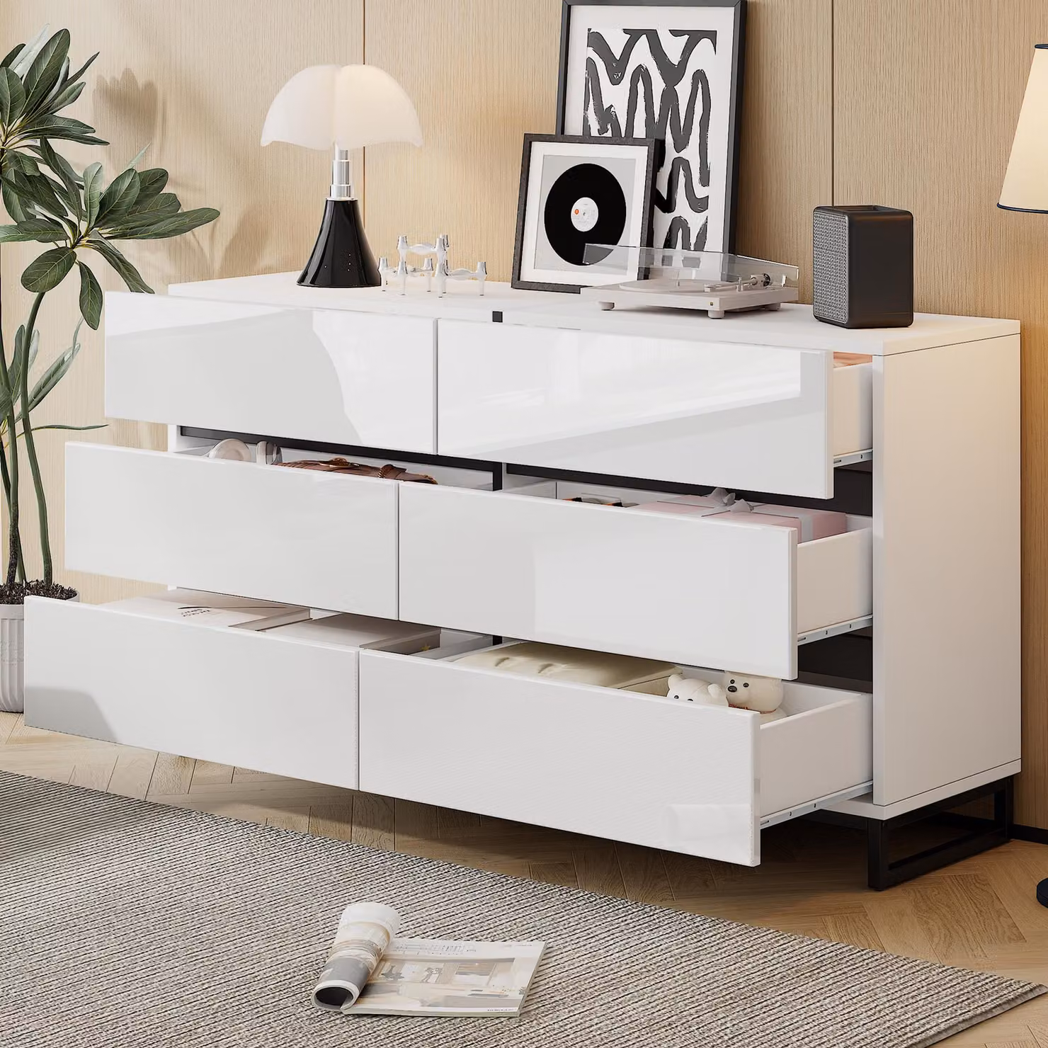 Credenza Merax 140x39,5x78,5 cm con 6 cassetti, frontali lucidi, robusta cassettiera con 3 gambe in metallo, mobile da soggiorno con ampio spazio di archiviazione, bianco