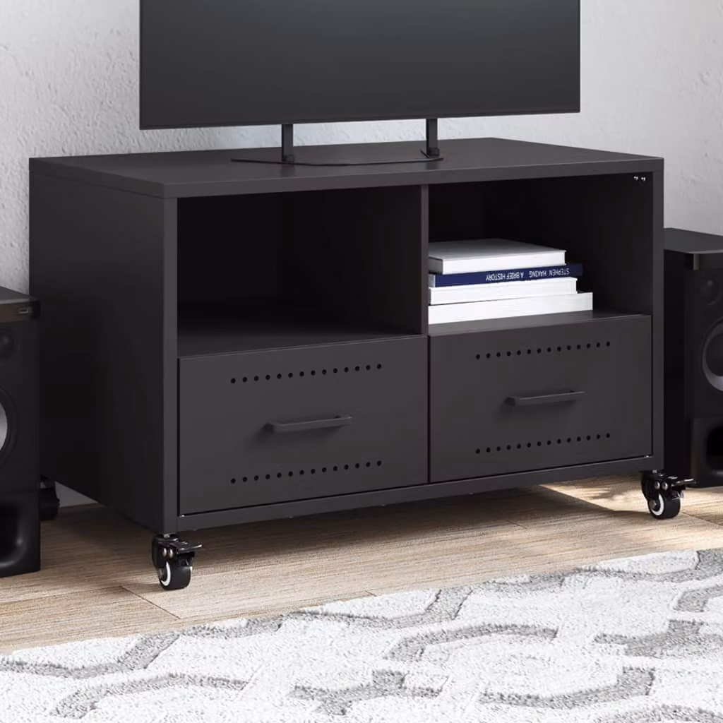 Mobile TV vidaXL in acciaio nero con ruote L: 68 cm, P: 39 cm, H: 43,5 cm