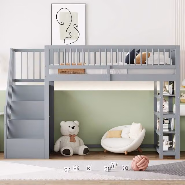 Letto a Soppalco 90x200 cm con Armadio e Ripiani in Legno Massello Grigio per Cameretta