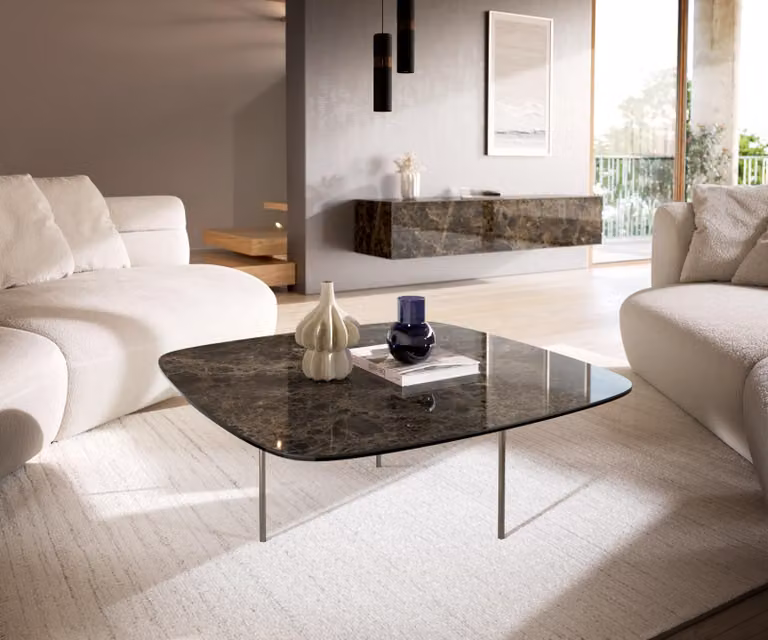 DELIFE Tavolino Edge Boot 90x90 cm, Vetroceramica Emperador Extra Lucidato marrone scuro, base in acciaio inossidabile spazzolato