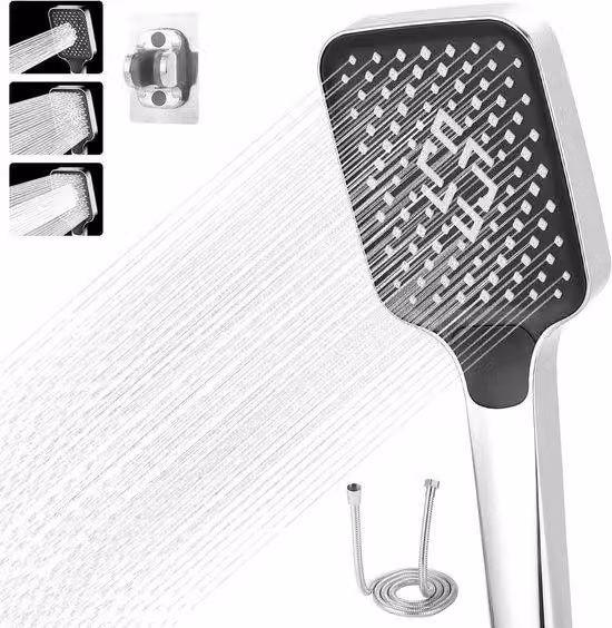 Allecto Plus: soffione doccia a risparmio idrico con 3 getti, doccetta manuale da 105 mm con tubo e supporto, colore argento