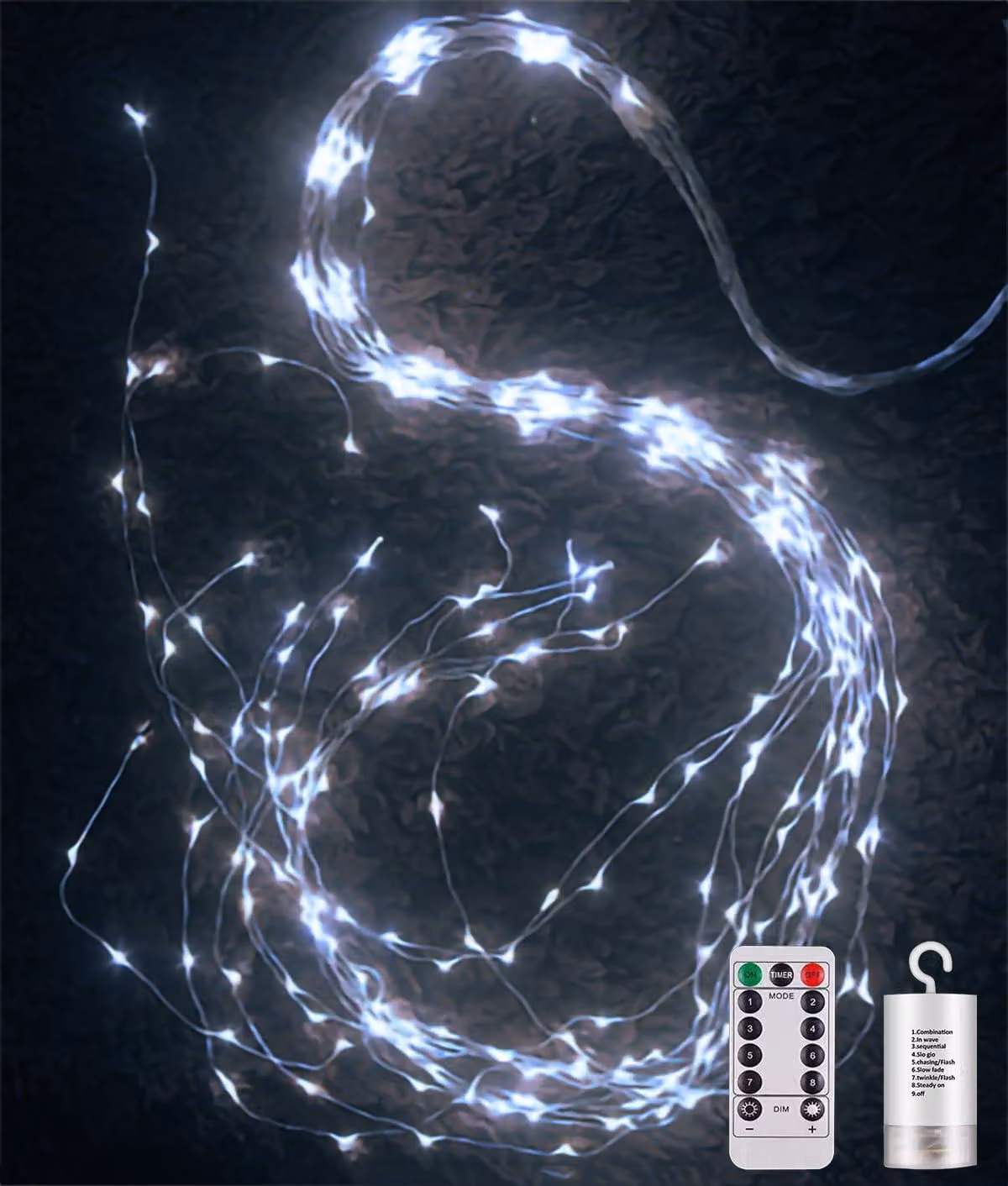 Catena luminosa da 1 metro, 100 LED, luce bianca fredda, alimentazione a batteria, con telecomando