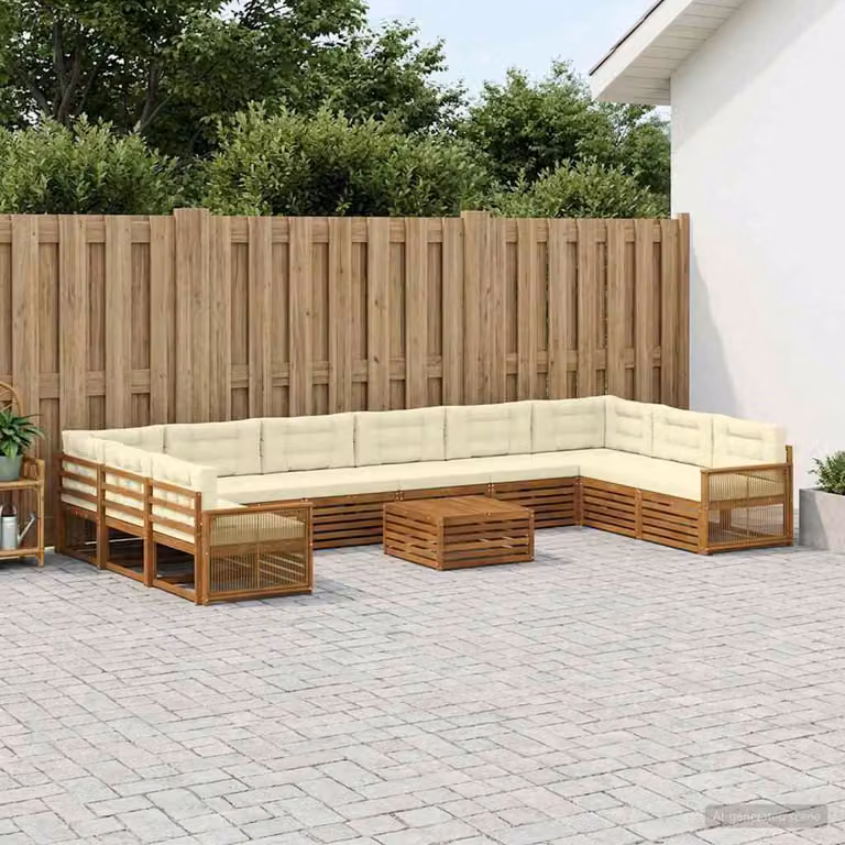 Set di divani da giardino vidaXL in legno di acacia massello 11 pezzi, colore marrone e beige con cuscini inclusi, forma a U